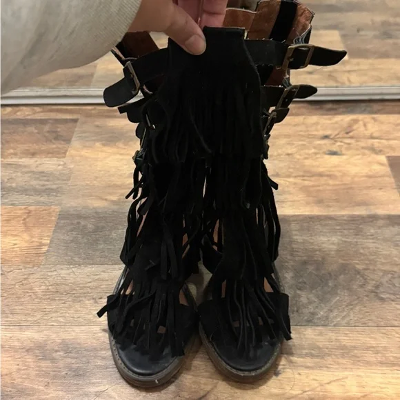 Vintage Jeffrey Campbell Suede Fringe Buckle Heels - Picture 2 of 4